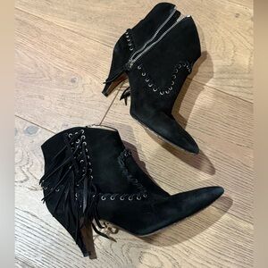 IRO NENCY BLACK SUEDE BOOTIE WITH WHIPSTITCH AND FRINGE